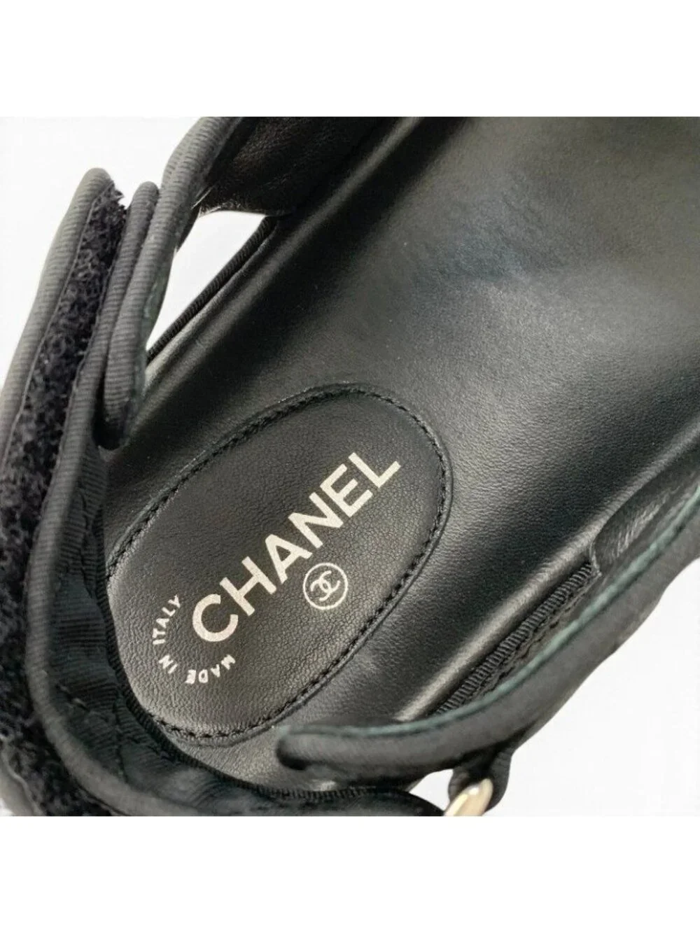 Chanel Sandals Shoes Fabric Black CC Logo Rhinestone Velcro Flat